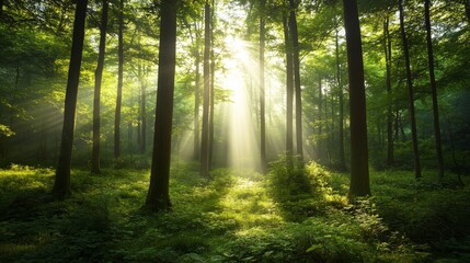 Obraz premium Sunlight Streaming Through Trees in Lush Green Forest Landscape