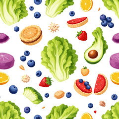 various fruits and vegetables, including blueberries, strawberries, avocado, blueberries, oranges, and lettuce, arranged in a visually appealing and colorful manner.