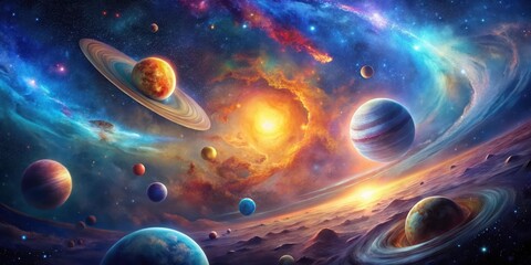 Obraz premium Cosmic dance of planets and stars in a vibrant galaxy scene with swirling clouds of gas and dust, celestial bodies, cosmic dance