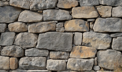 Obraz premium Stone-clad wall constructed with uneven bricks of various sizes creating a rustic, textured look.
