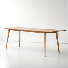 Slim Wooden Dining Table: A natural wood dining table with a thin, elongated top and angled legs, isolated against a white backdrop.
