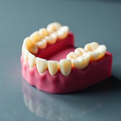 Close-up of meticulously crafted dentures on polished gray surface , healthcare, prosthetics
