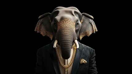 Majestic Elephant in a Suit with Gold Accessories and Dark Background