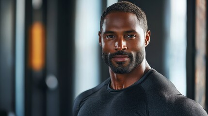 Obraz premium Confident African American Man with Muscular Build Posing in Fitness Studio