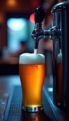Close-up view of lager dispensing from tap into glass , light, beer tap
