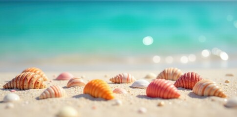 Colorful seashells scattered on sun-kissed sand, clear blue water background, holiday, sand