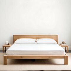 Low-Profile Japandi Bed Frame: A natural oak wood bed frame with a simple, low-profile design and no headboard, set on a white backdrop.
