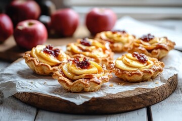 Freshly Baked Apple Pastries with Puff Pastry Strawberry Jam and Caramelized Apples in Rustic Kitchen Setting