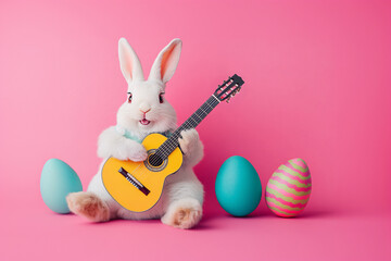 Fototapeta premium Funny white easter bunny playing a guitar surrounded by easter eggs on pink studio background