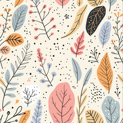 stylized leaves and flowers in various shades of orange, pink, blue, and green, with scattered dots and lines throughout the design.