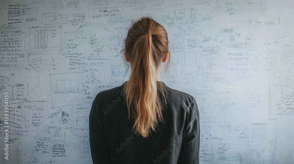 Poster confident project manager analyzing data on a whiteboard background