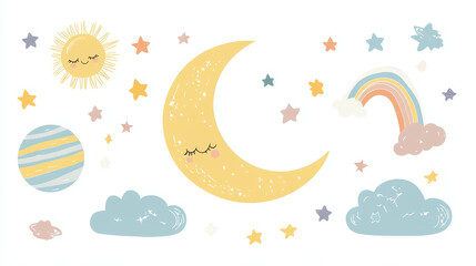 Boho nursery decoration, cute baby sleeping crescent, rainbow, sun with clouds, stars and planets kawaii characters. Decor for newborn kid bedroom, playroom interior, good night Cartoon vector set