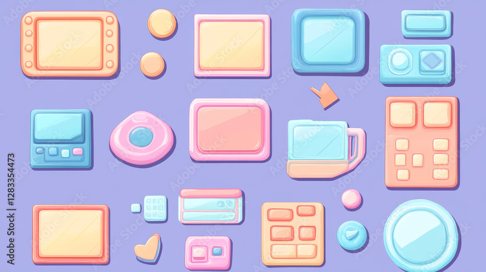 Poster pixel game ui elements set - control keys wasd, window frames, speech bubbles and rectangular panels
