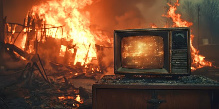 Television is on top of a wooden table in front of a burning building
