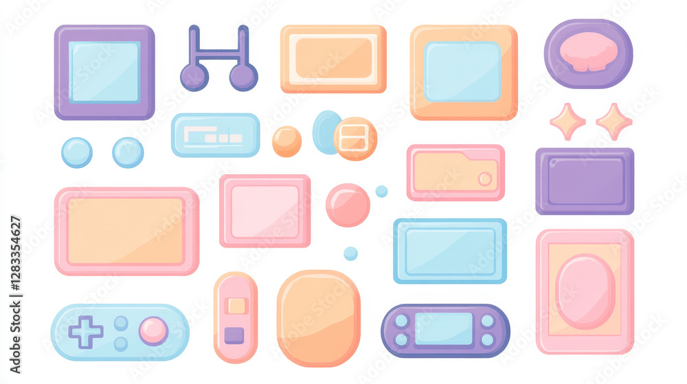 Poster pixel game ui elements set - control keys wasd, window frames, speech bubbles and rectangular panels