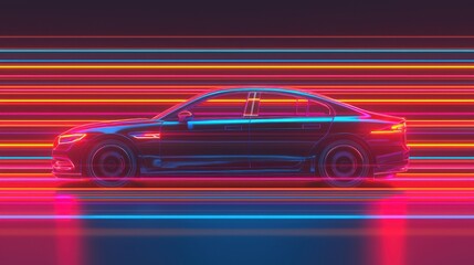 A sleek black car is captured in motion, surrounded by vibrant neon light streaks in blue and red, creating a dynamic and futuristic atmosphere.