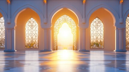 Serene Sunrise Through Ornate Arches in Tranquil Palace Setting