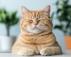 Obraz premium A relaxed orange cat sits calmly with its eyes closed, surrounded by greenery, exuding tranquility and contentment