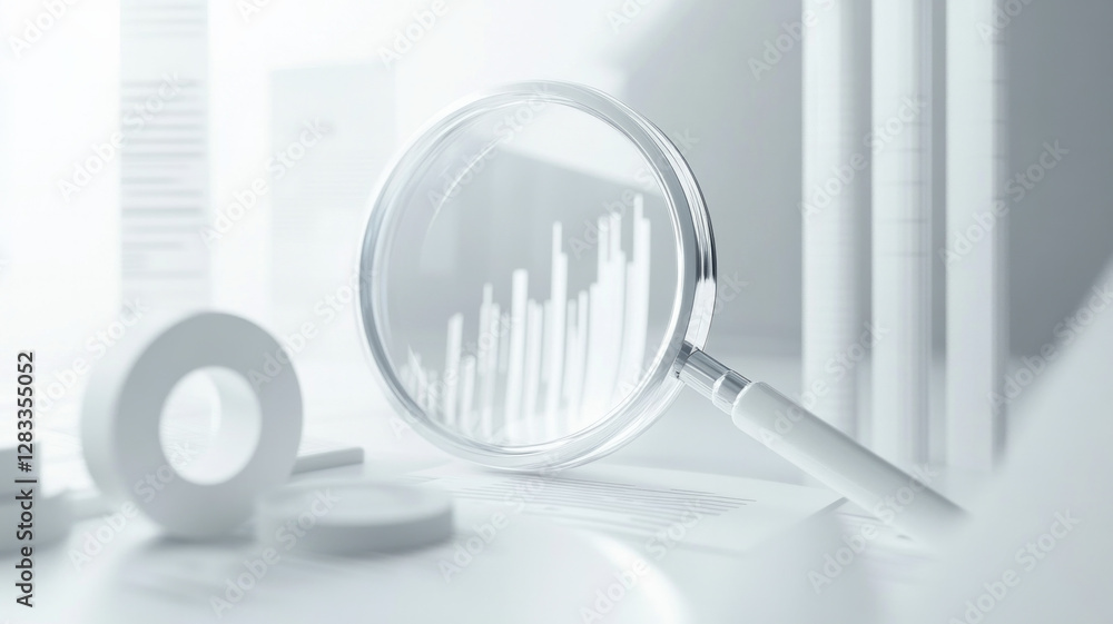 Poster a magnifying glass is on a table with a stack of papers