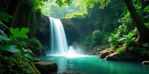 Fototapeta premium Emerald cascade plunges into lush Thai jungle, stock photo, exotic, travel