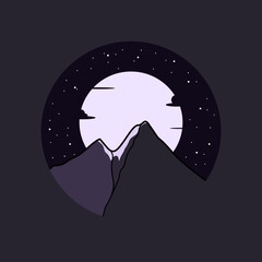 Beautiful and minimalist mountain and moon design with starry sky, landscape design in circle