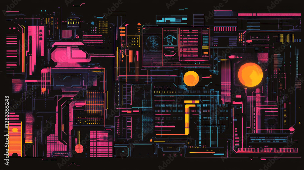 Poster poster design layout in cyberpunk y2k style with bitmap images and grid elements on black background