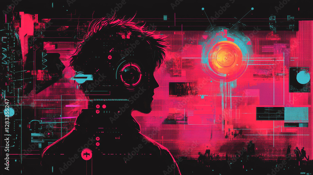 Poster poster design layout in cyberpunk y2k style with bitmap images and grid elements on black background