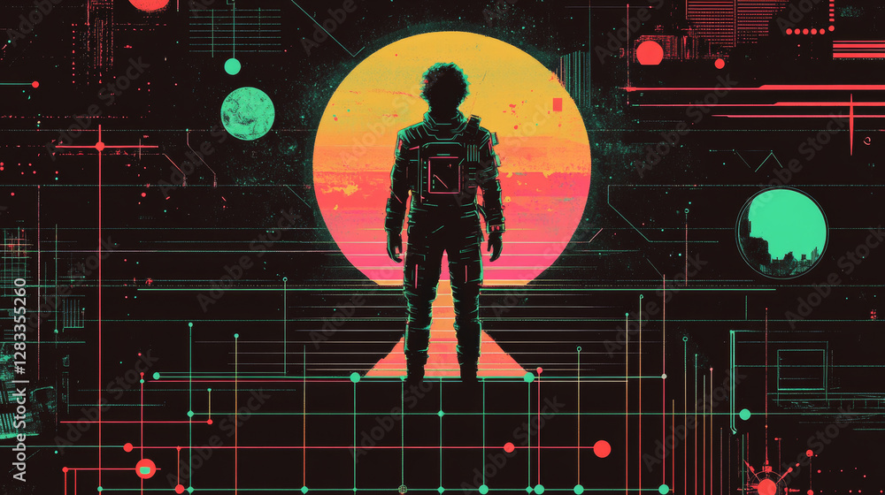 Poster poster design layout in cyberpunk y2k style with bitmap images and grid elements on black background