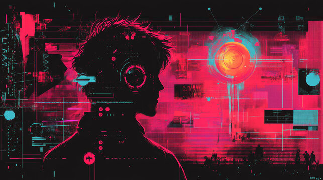Poster design layout in cyberpunk y2k style with bitmap images and grid elements on black background. Vector set of banner template in cyber 2000s aesthetic with acid retro futuristic silhouette shape