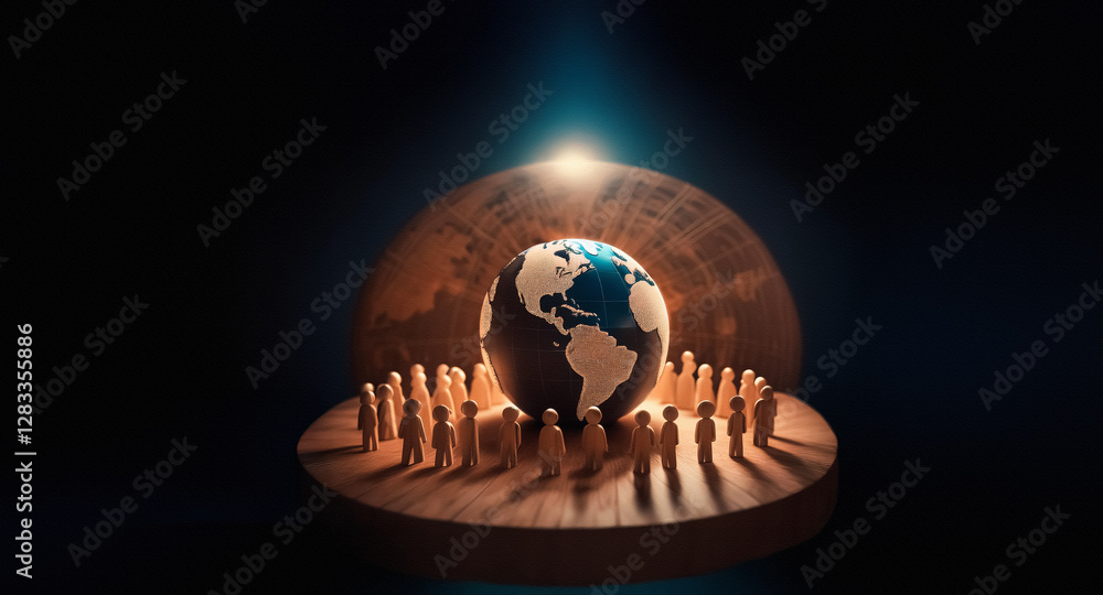 Leinwandbilder A glowing globe is encircled by tiny figures on a platform, set against a dark backdrop with a bright light source from above, creating a sense of global community.