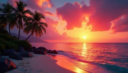 Fiery orange and pink sunset over calm ocean, lush palm trees at resort , caribbean, nature, twilight
