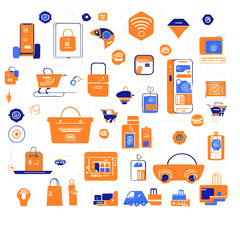 Explore this versatile collection of modern e-commerce icons in orange and blue, perfect for enhancing online stores, digital marketing, and brand identity