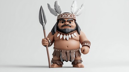 Blocky Cartoon Tribal Man with Spear and Headdress