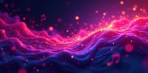 Fluid neon hues, scattered musical notes, energy radiating, modern, art, fluid