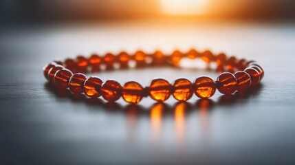 Elegant amber bead bracelet on wooden surface with backlighting