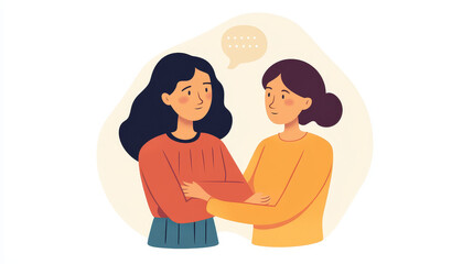 Friend support and empathy concept - two women talk with empty speech bubbles and one girl hug another because she sad. Cartoon vector illustration set of conversation, compassion and friendship.