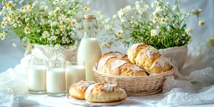 Basket of bread and a bottle of milk are on a table
