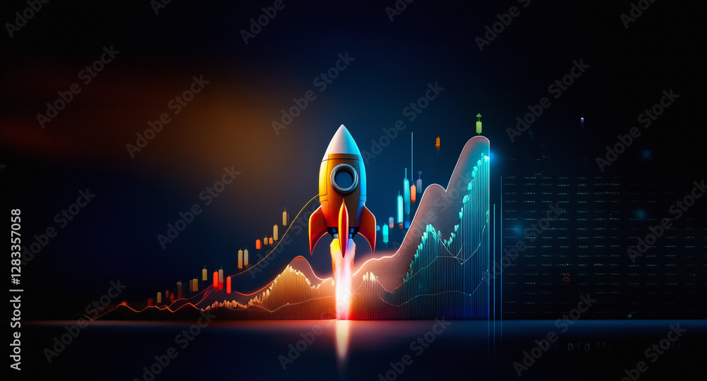 Poster vibrant digital art of a rocket launching upwards in front of a rising financial graph, symbolizing 
