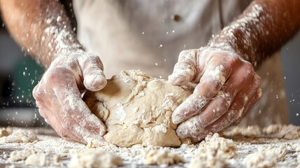 Fototapeta premium Hands Kneading Dough in Floury Kitchen Environment with Baking Tools Present