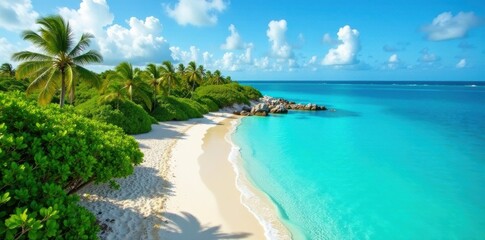 Fototapeta premium Grand Cayman's coastline, turquoise waters, lush vegetation, Seven Mile Beach, vacation, Caribbean