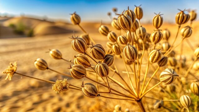 Dry unripened cumin seed pods in a field with a sandy texture and dry leaves in the Egyptian desert landscape, desert landscape, cumin seeds