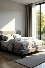 Gray platform bed in bright bedroom, sunlight streams through window, style, platform bed