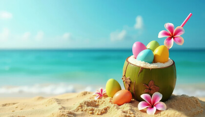 Multicolored Easter eggs in coconut with Hawaiian flowers on ocean background. The concept of celebrating Easter in tropical countries