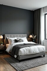 Gray upholstered bed in modern bedroom, minimalist decor, house, minimalist