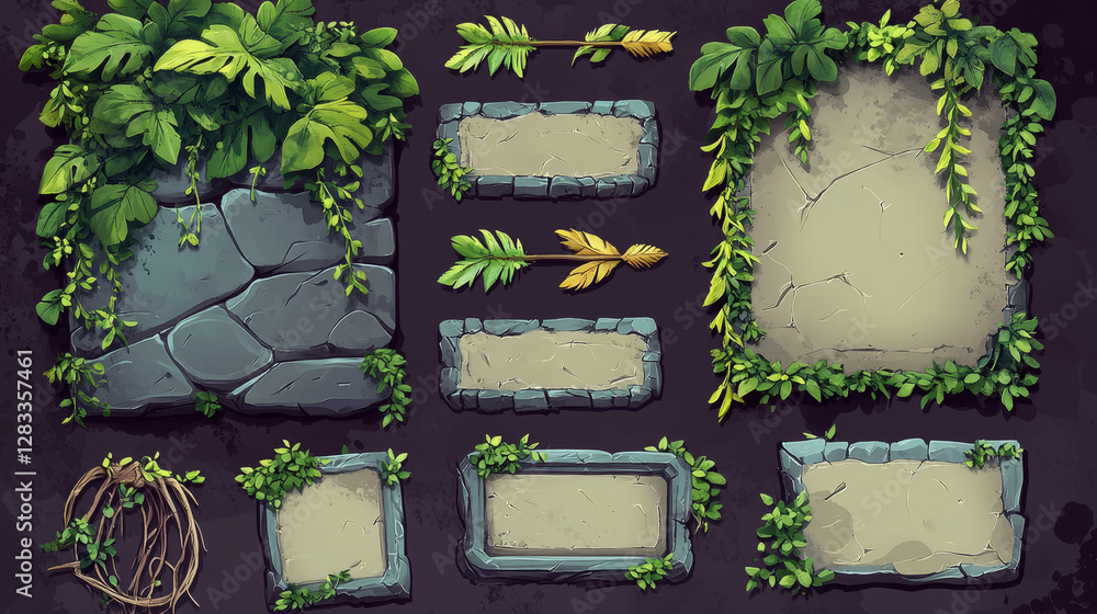 Poster stone game menu boards with vines. tablets, buttons, cartoon interface plaques, frames and arrows of