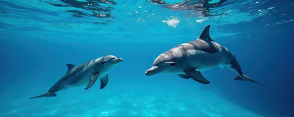 High-angle shot, dolphins in vibrant blue water,  nature scene,  nature
