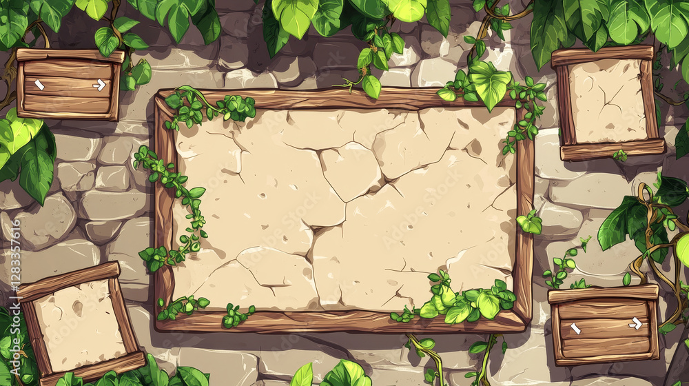 Poster stone game menu boards with vines. tablets, buttons, cartoon interface plaques, frames and arrows of