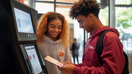 ATM withdrawal isometric concept vector banner. Banking technology, financial apps, cache machine and smartphone, credit card and euro cash money, bank building with connection lines on ultraviolet