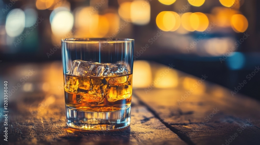 Aufkleber rich amber drink with ice cubes rests on a rustic wooden table under warm ambient lighting. generati