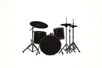  Cartoon sketch drawing of a drum set in black silhouette, isolated on a white background, Isolated drum illustration, Clipart for drum kits 